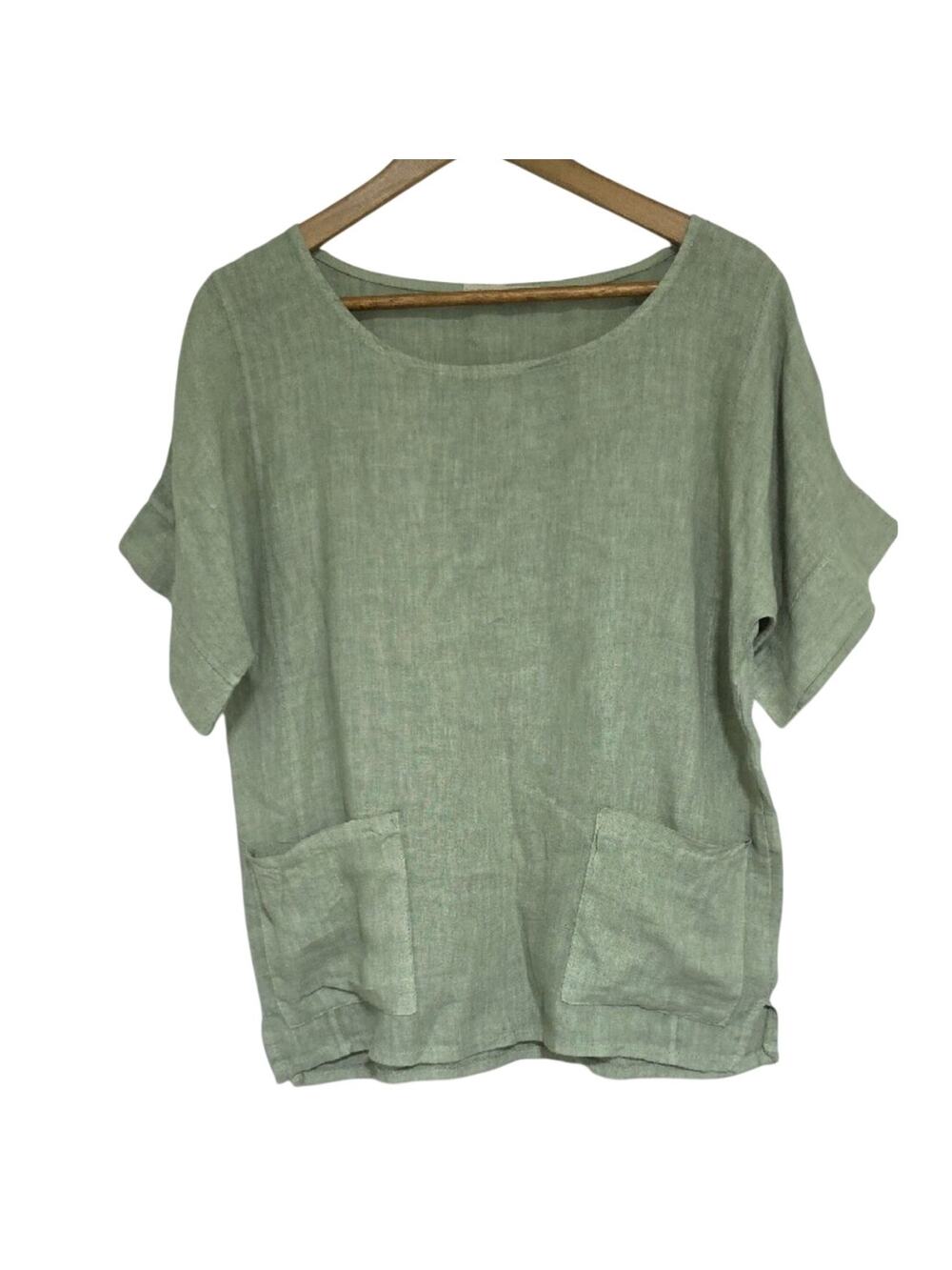 Francesca Bettini Made In Italy Women Sz L Olive Green 100% Linen MinimalistTop
